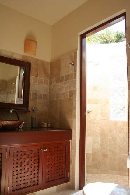 bathroom with out side shower at maya jardin